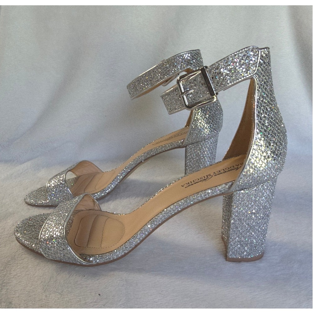 American Glamour Badgley Mischka Silver Glitter Block Heel Sandals Size 11
